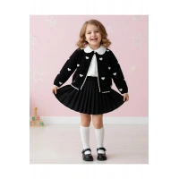 Gökçe Kalp Desenli - Triko Hırka - Gömlek Pileli Etek 3lü Kız Çocuk Takımı