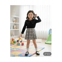 Aybüke | Bebek Yaka Fitilli Kumaş Uzun Kollu Üst ve Ekose Düğmeli Şort Etek Takım - 2/3/4/5 Yaş