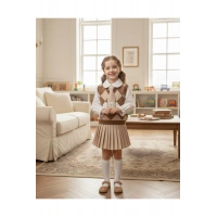 Beren | Kız Çocuk Triko Yelekli Şık Takım Gömlek& Kravat & Pileli Etek Seti Klasik Kombin 2-5 Yaş