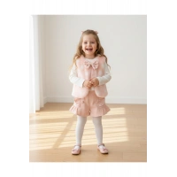 Banu Puantiyeli Fiyonklu Peluş Yelek & Triko ve Şort Takımı - (2-5 Yaş)