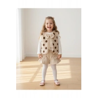 Banu Puantiyeli Fiyonklu Peluş Yelek & Triko ve Şort Takımı - (2-5 Yaş)