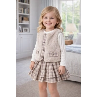 Elisa Kız Çocuk Ekose Etekli ,Penyeli,Peluş Yelek Takım