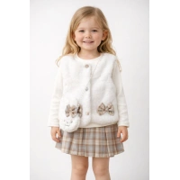 İlay Kız Çocuk Peluş Yelek,Pileli Etek ,Peluş Çanta ve Penye 4lü Kombin– Fiyonk Detaylı, Çantalı