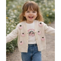 Kız Çocuk Çilek Nakışlı 3lü Takım - İncili Hırka, Çilek Baskılı Body ve Geniş Paça Jean Pantolon