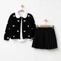 My Lusa Baby Gökçe Kız Çocuk Kalpli Triko Hırka, Pamuklu Gömlek ve Pileli Etek Takımı | 2-5 Yaş |