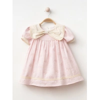 Yaka Detaylı Fiyonk Desenli Kız Bebe Elbise