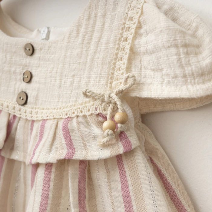 Sim Detaylı Düğmeli Kız Bebe Elbise