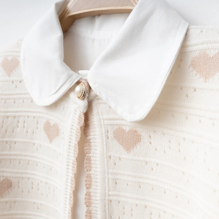 My Lusa Baby Gökçe Kız Çocuk Kalpli Triko Hırka, Pamuklu Gömlek ve Pileli Etek Takımı | 2-5 Yaş |