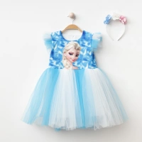 Elsa Baskılı Taçlı Kız Abiye