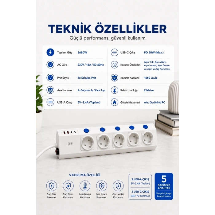 5’li Akım Korumalı Çoklu Priz 2 Metre Kablolu 3680w 16a 5 Anahtarlı 2usb-a 2 Usb-c Pd 20w Hızlı Ftr-28