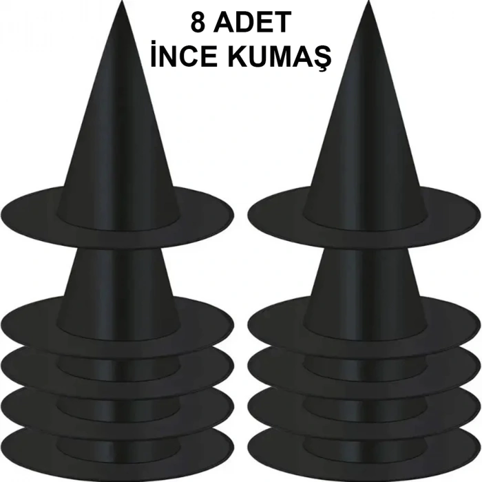 8 Adet Siyah Cadı Şapkası – Yetişkin  Çocuk Kostüm Aksesuarı