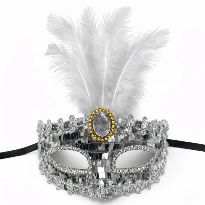 Lüks Gümüş Tüylü Taşlı Balo Maskesi
