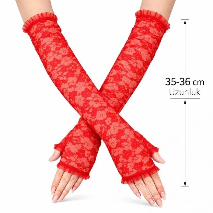 Uzun Zarif Dantel Eldiven Parmaksız Kırmızı 35 Cm