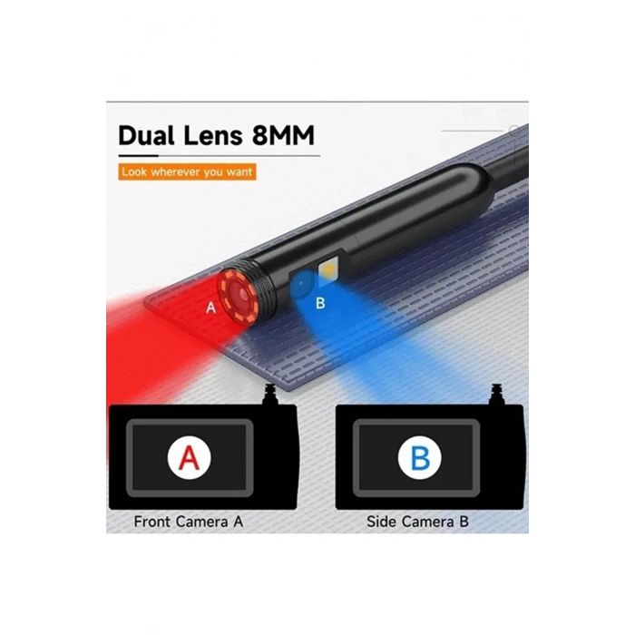Vtn-008 Ekranlı Çift Kameralı 10 Mt Sert Kablo Yılan Endoskop Kamera 8 Mm 4.3 Inc