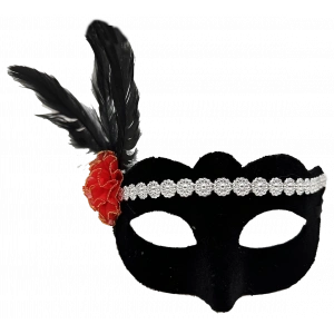 Siyah Renk Süet Kaplama Gümüş Dantelli Kırmızı Gül Tasarımlı Parti Maskesi 18x20 Cm