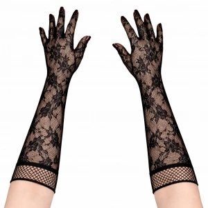 Siyah Uzun Gül Desenli Dantel Kadın Eldiveni