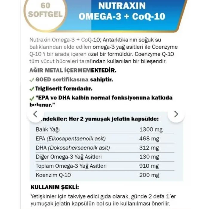 Nutraxin Omega-3 + CoQ10 60 Yumuşak Kapsül