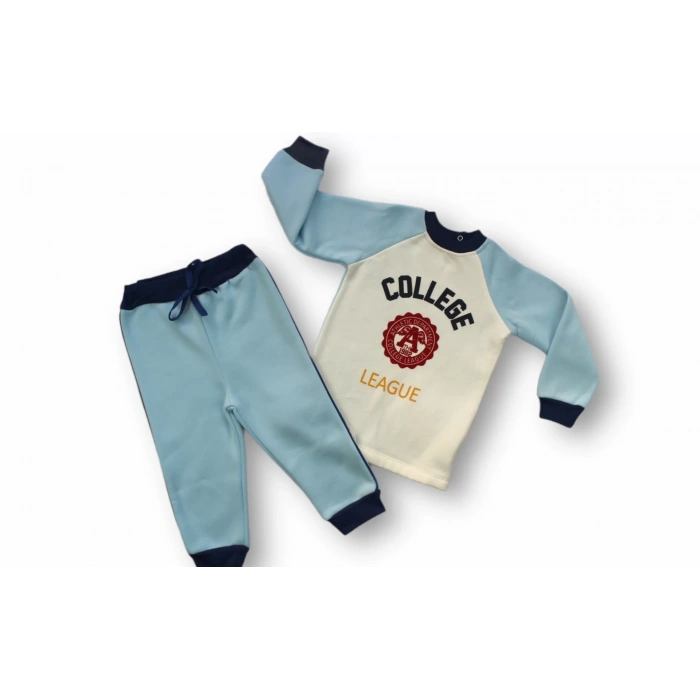 9-12 12-18 18-24 24-36 Ay College Baskılı 3 İplik Kumaş Uzun Kollu Sweatli 2li Erkek Bebek Takımı