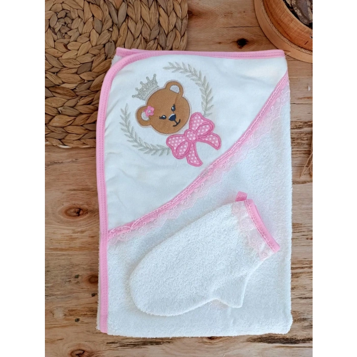 Bear Nakışlı El Keseli 2likız Bebek Havlu Takımı Pembe