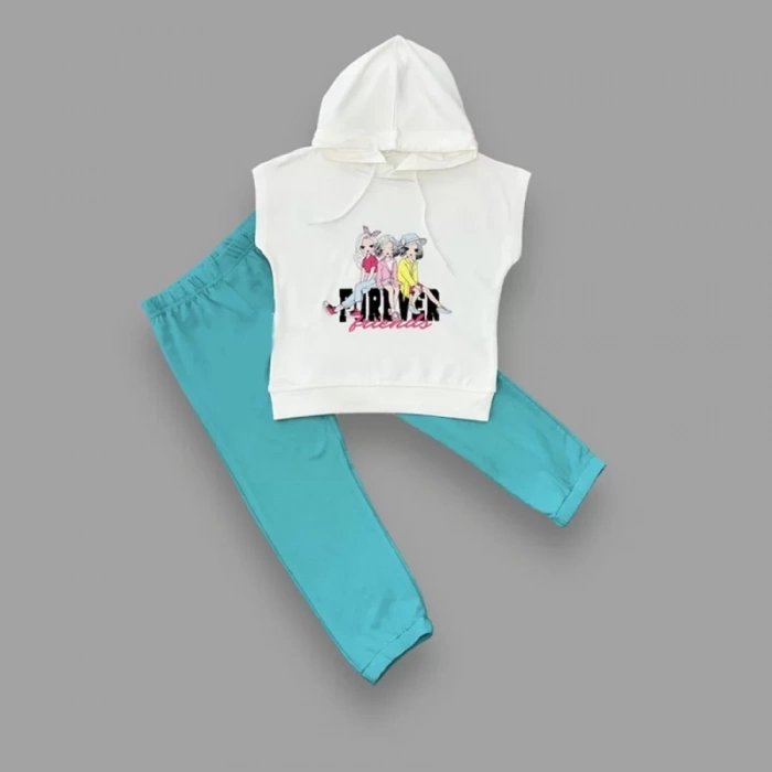 Forever Cici Kızlar Baskılı Kapşonlu 2li Kız Çocuk Takımı Turkuaz