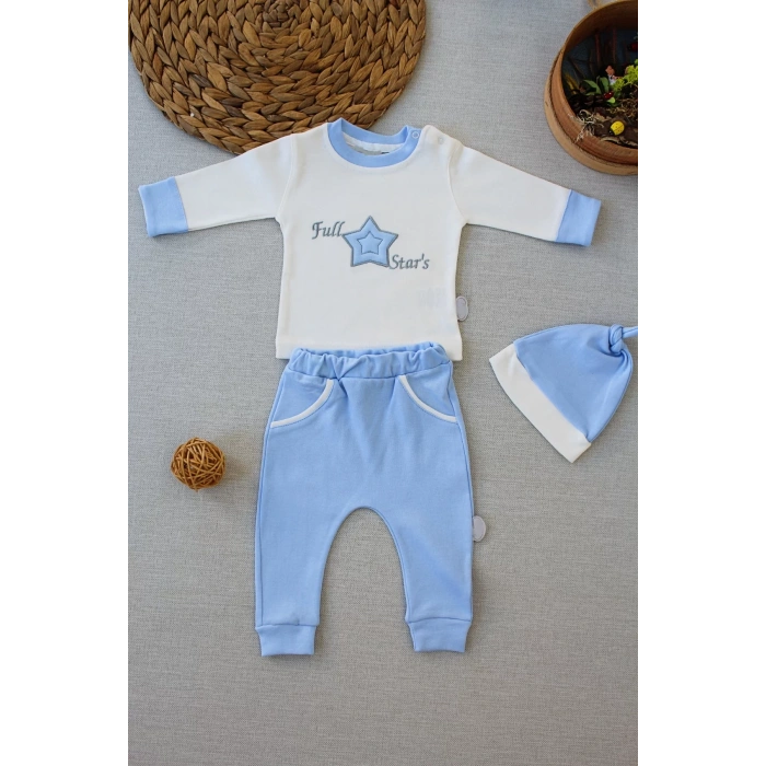Full Star Nakışlı Şapkalı Uzun Kollu Sweat 3lü Erkek Bebek Takımı Mavi