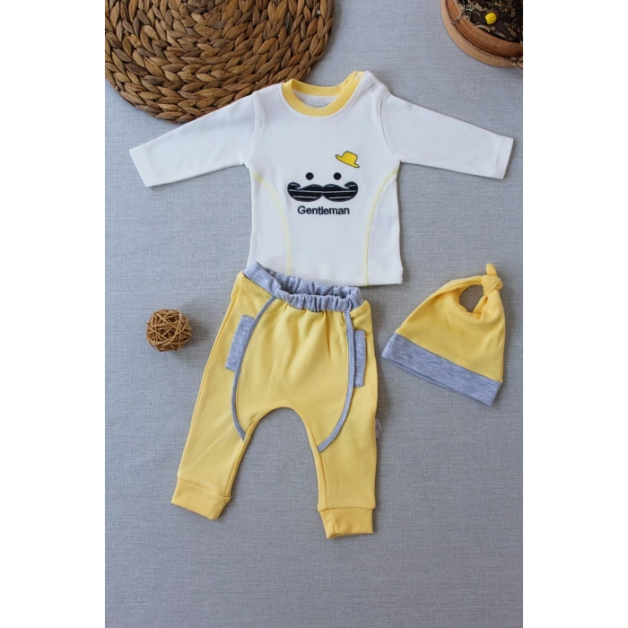 Gentleman Erkek Nakışlı Şapkalı Uzun Kollu Sweat 3lü Erkek Bebek Takımı Sarı