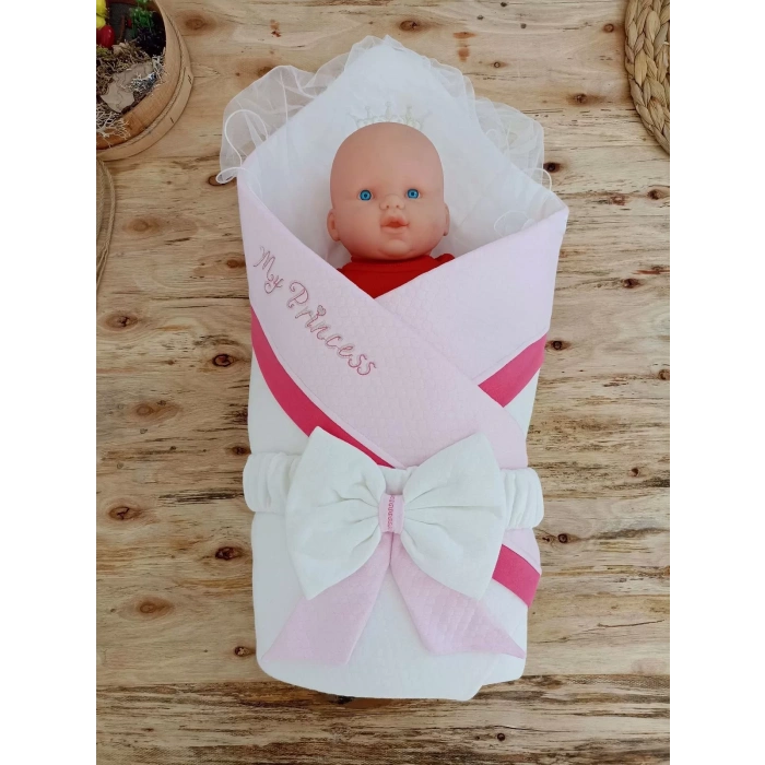 Yenidoğan Bal Peteği My Prince Taç Nakışlı Delüks Kundak Bebek Battaniyesi Pembe