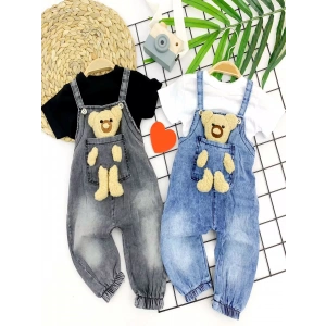 9-12-18-24 Ay Ayıcıklı Cep Kot Kumaş Tişörtlü 2li Kız Erkek Bebek Salopet Takımı Mavi