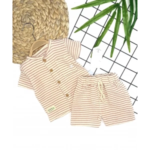 9-12-18-24 Ay Düğme Detaylı Çizgili Müslin Kumaş Yazlık 2li Erkek Bebek Takımı