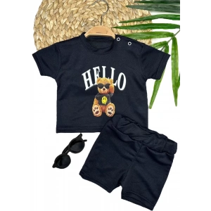 9-12-18-24 Ay Hello Gözlüklü Ayıcık Baskılı Şortlu Kısa Kollu Tişört 2li Erkek Bebek Takımı