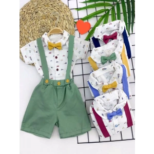 9-12-18-24 Ay Pamuk Keten Cepli Çizgili 2li Erkek Bebek Salopet Takımı Sarı