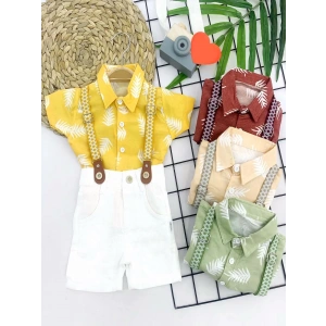 9-12-18-24 Ay Pamuk Keten Kumaş Hawai Gömlek Lastik Askılı 2li Erkek Bebek Takımı Bej