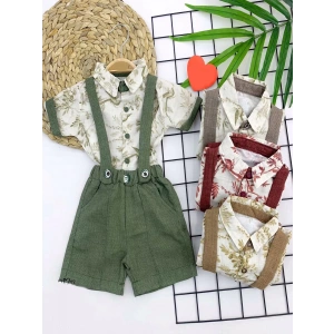 9-12-18-24 Ay Pamuklu Kumaş Keten Kısa Kol Gömlek 2li Erkek Bebek Salopet Takımı Kahverengi