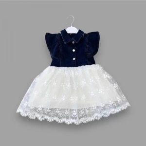 Astarlı Brode Etekli Kot Kumaş Düğmeli Kız Çocuk Elbisesi Lacivert