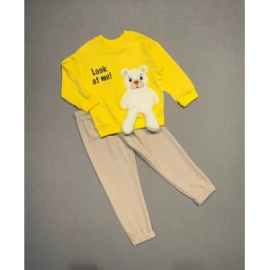 Ayıcık Sallanan Ayak Desenli Likra Penye Kumaş Sweat Pantolonlu Kız Erkek 2li Çocuk Takımı Sarı