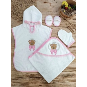 Bear Nakışlı Pareolu 4lü Kız Bebek Havlu Silgi Takımı Pembe