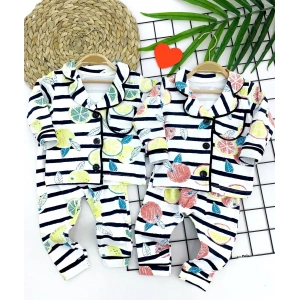 Çizgili Meyve Desenli Düğme Kapamalı 2li Kız Erkek Bebek Pijama Takımı Sarı