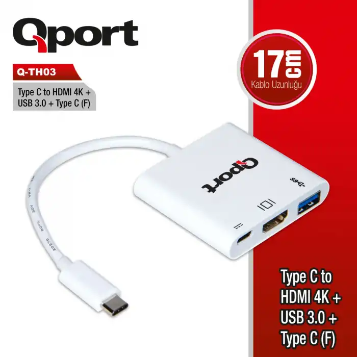 QPORT TYPE-C TO HDMI 4K(3840*2160) + USB 3.0 +TYPE-C (F) 4K ÇEVİRİCİ (Q-TH03)