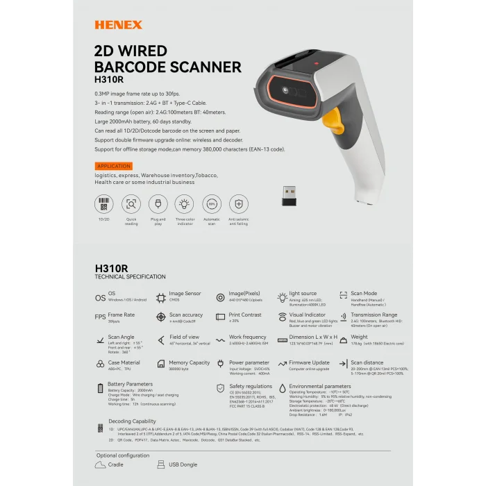 HENEX H310R 2D Kablosuz Bluetooth Barkod Okuyucu