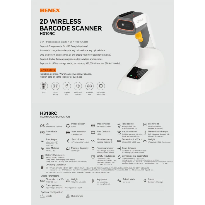 HENEX H310RC 2D Kablosuz Bluetooth Barkod Okuyucu ve Şarj Cradle