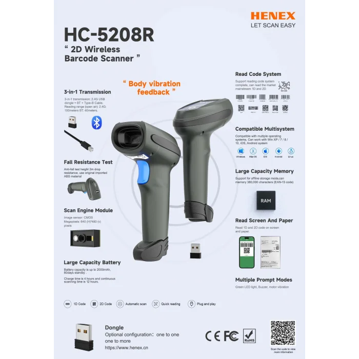 HENEX HC-5208R 2D Kablosuz Bluetooth Barkod Okuyucu