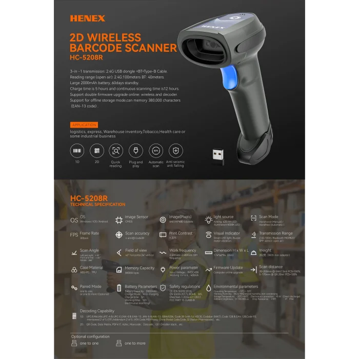 HENEX HC-5208R 2D Kablosuz Bluetooth Barkod Okuyucu