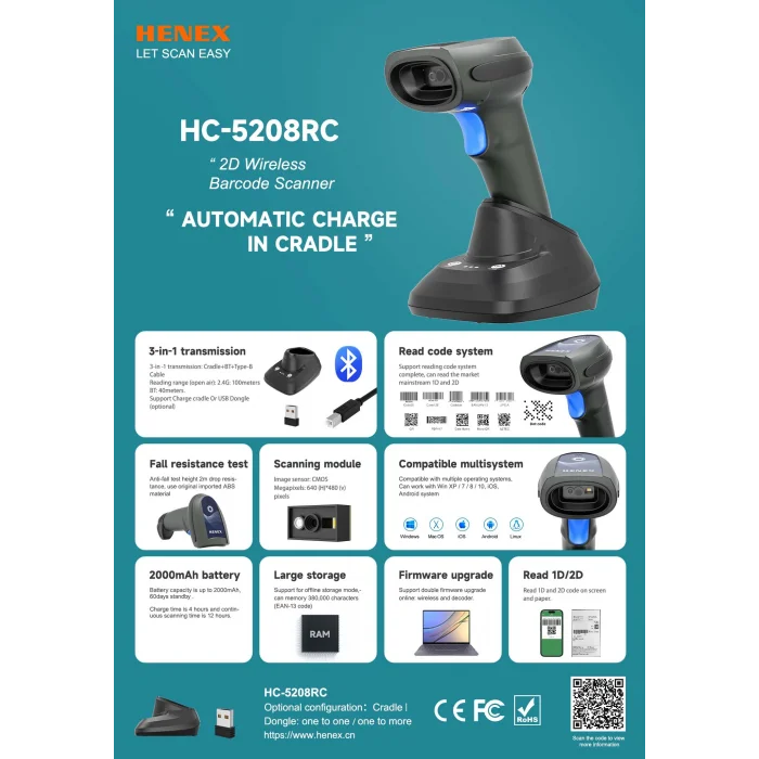 HENEX HC-5208RC 2D Kablosuz Barkod Okuyucu ve Cradle