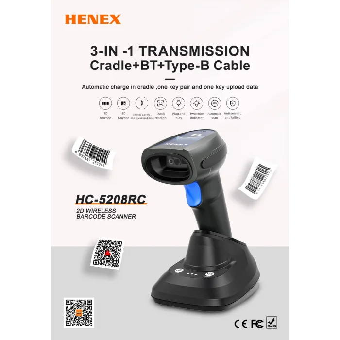 HENEX HC-5208RC 2D Kablosuz Barkod Okuyucu ve Cradle