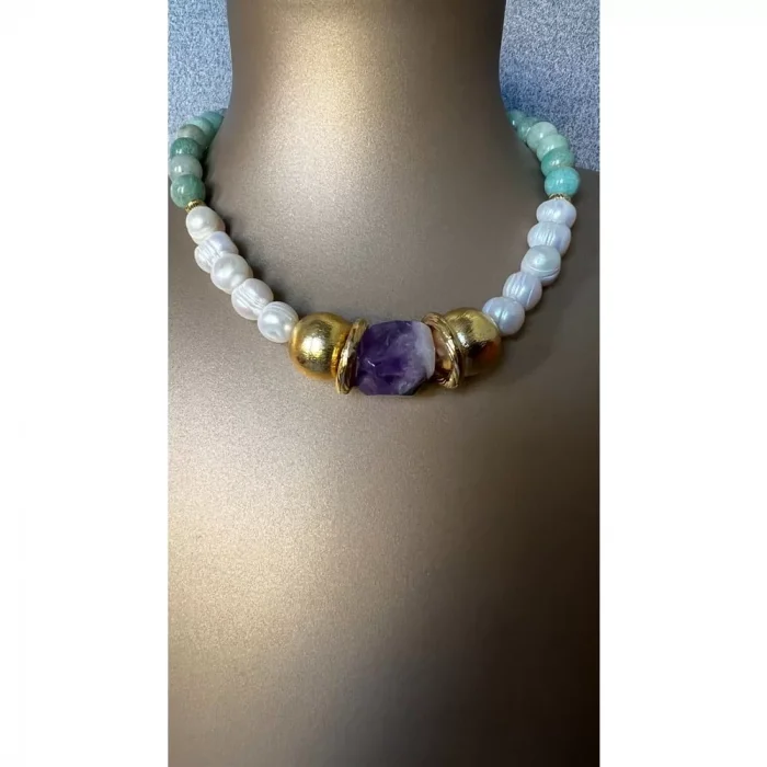 Amazonit Ametist İnci Kolye