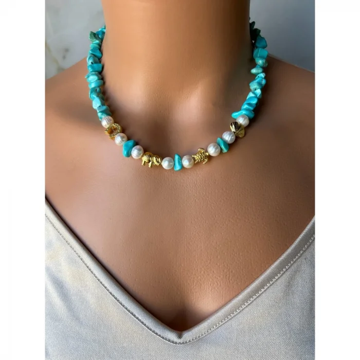 Turkuaz İnci Şans Aparatlı Kolye