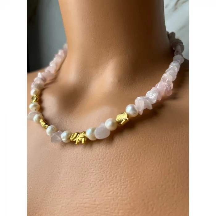 Pembe Kuvars İnci Şans Aparatlı Kolye