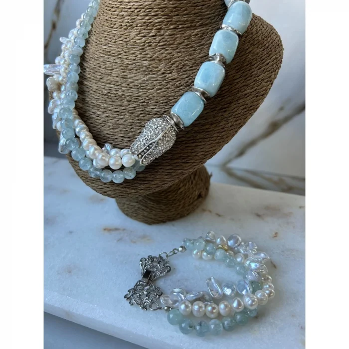 İnci Aquamarine Kolye ve Bileklik Set