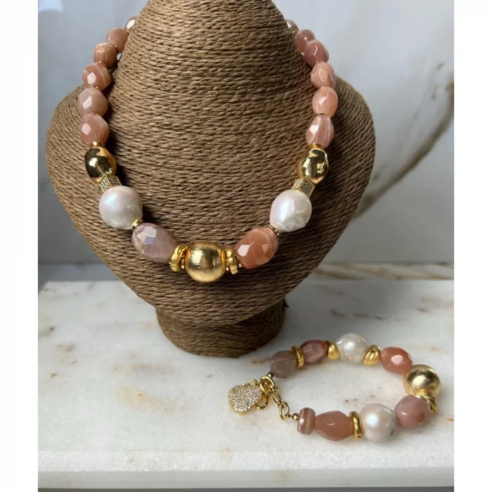 Barok İnci Ay Taşı Kolye ve Bileklik Set