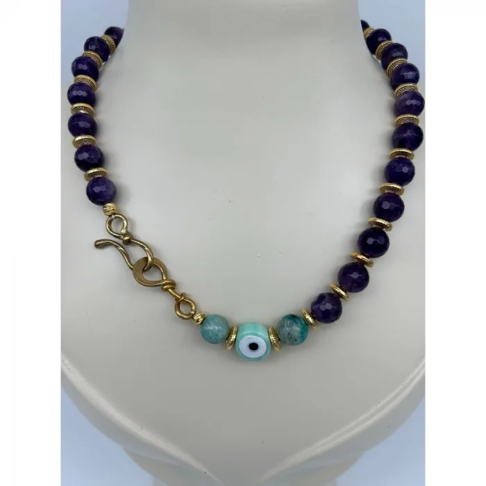 Ametist Amazonit Nazar Boncuklu Kolye